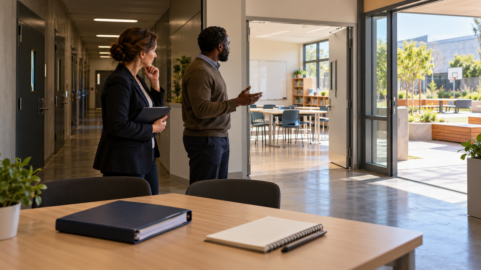 Illustration de synthèse : une observatrice et un médiateur communautaire examinent un espace institutionnel fictif donnant accès à une salle de classe.