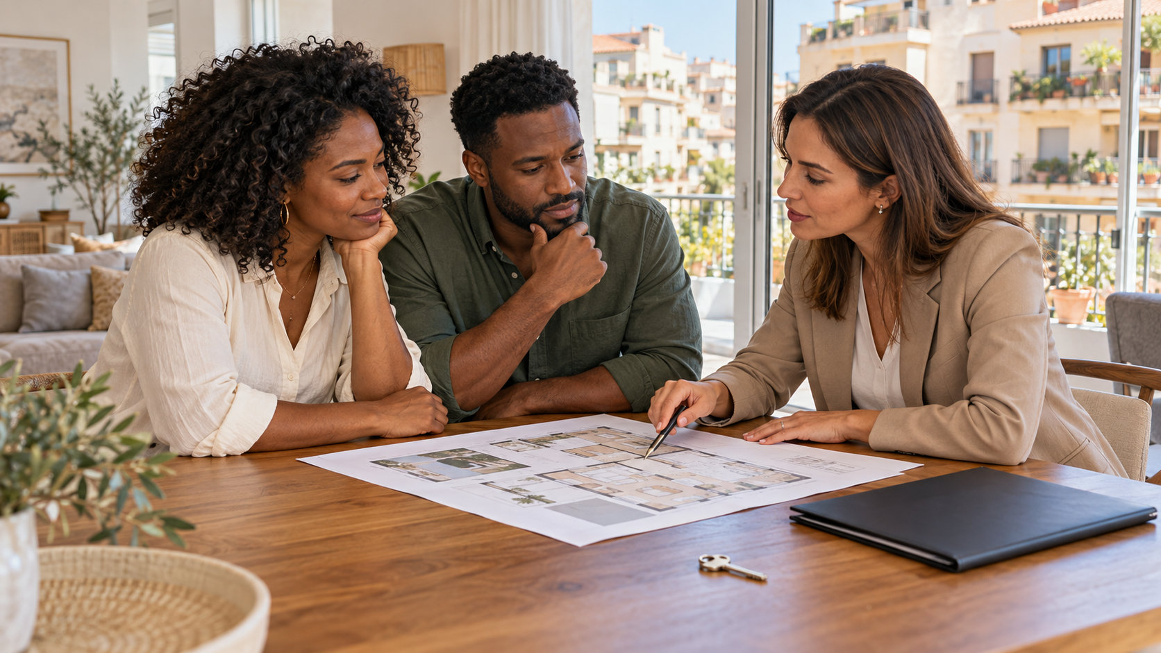 Scène fictive : un couple examine un plan de logement avec une professionnelle dans un appartement.