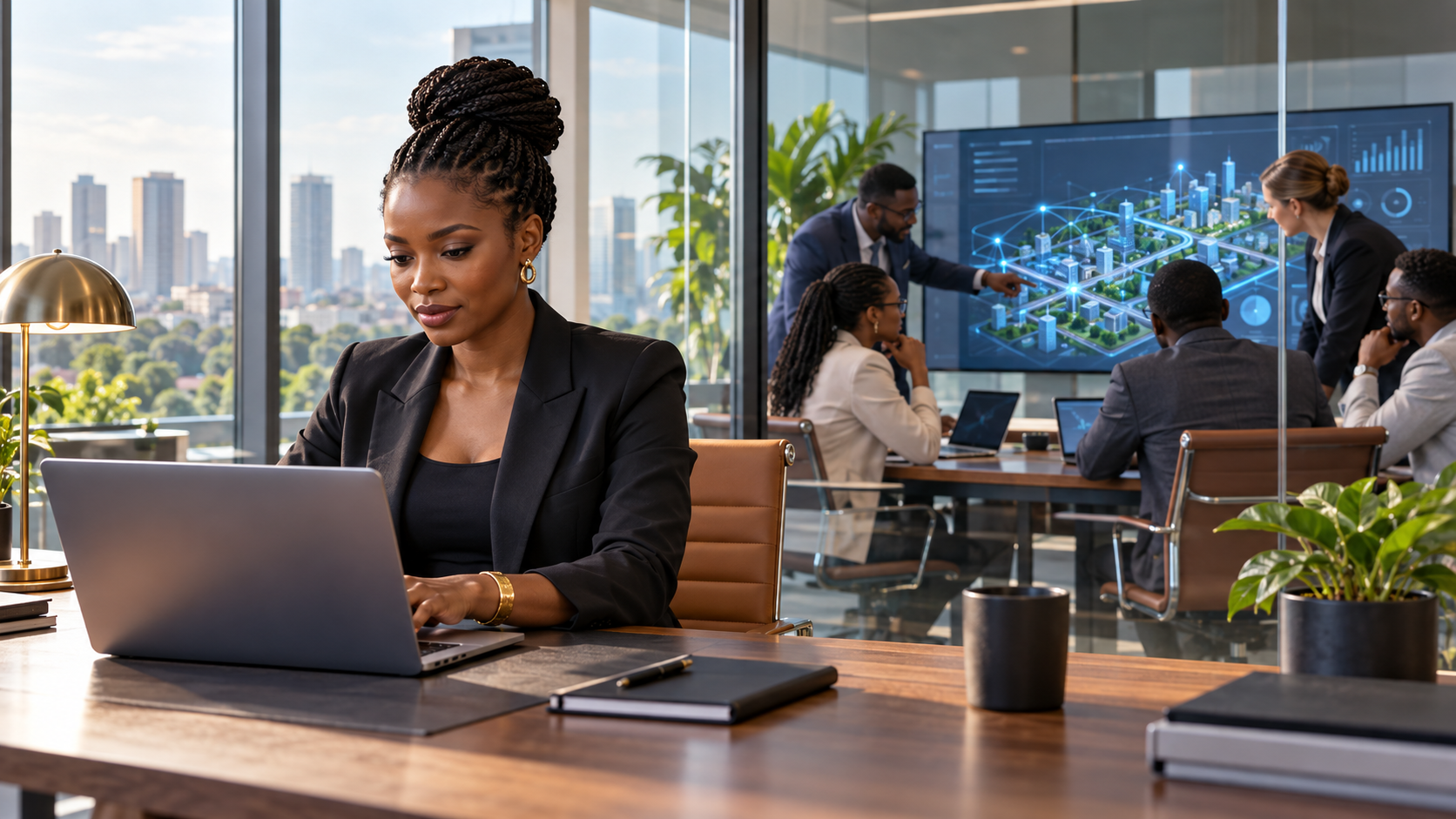 Illustration de synthèse : une entrepreneuse africaine et une équipe de conception numérique travaillent dans deux espaces reliés.