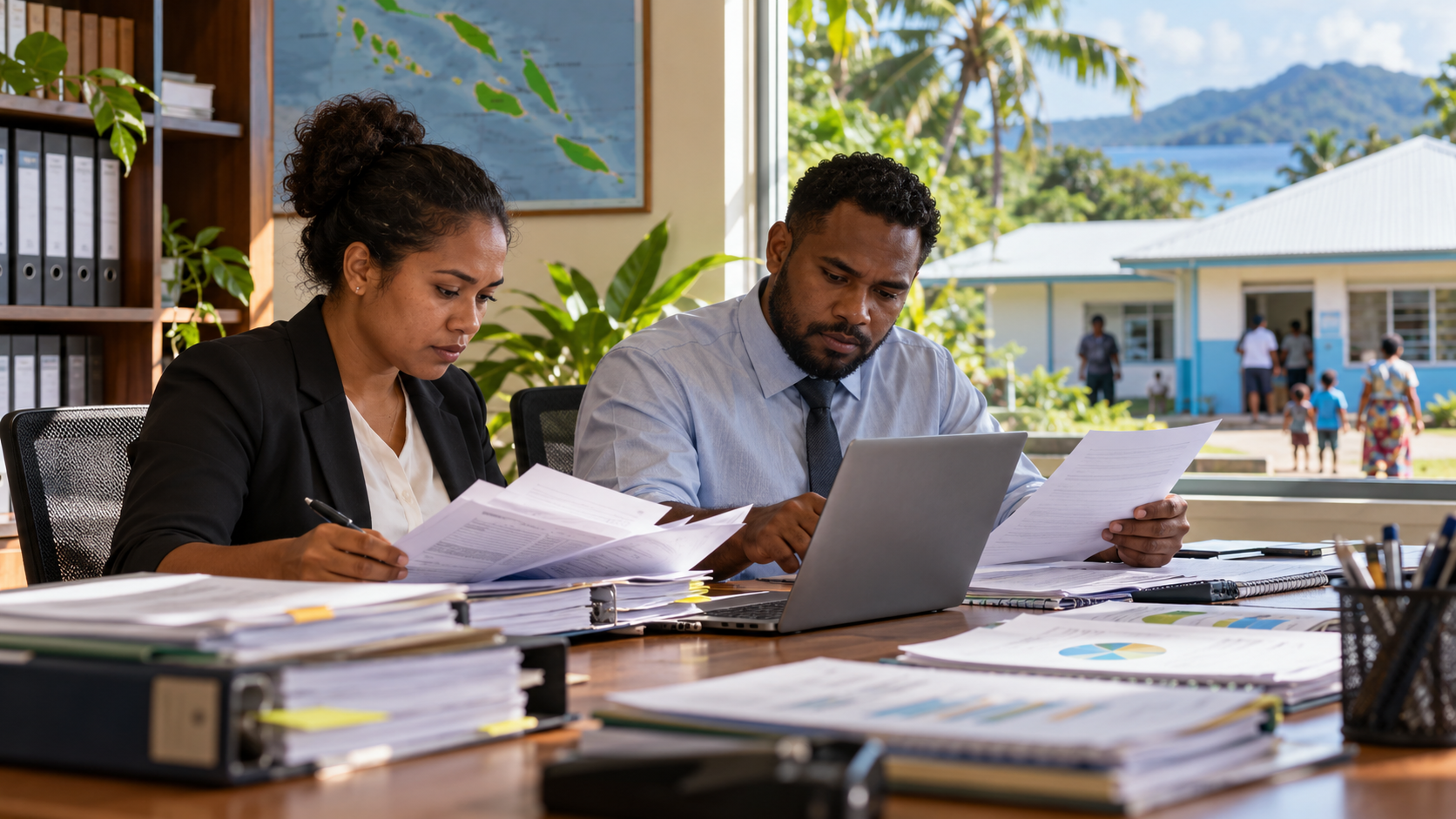 Deux professionnels analysent des dossiers et des comptes publics dans un bureau fictif des Îles Salomon.