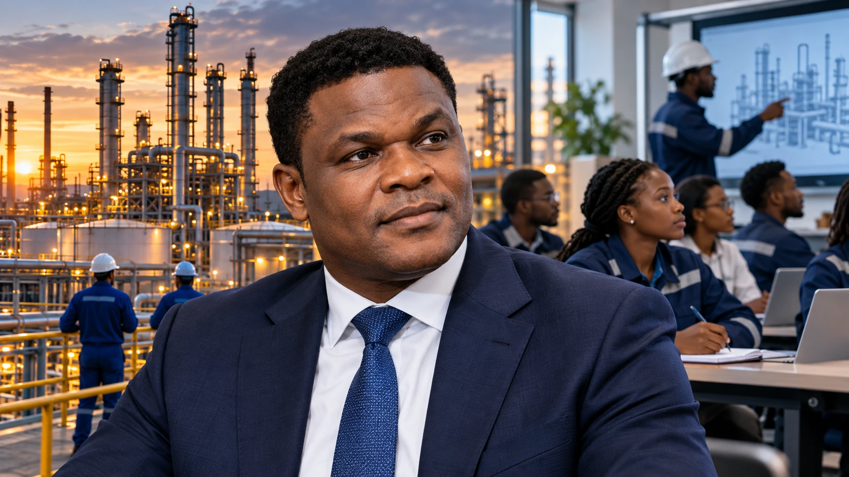 Portrait éditorial de NJ Ayuk, avec une raffinerie générique et des professionnels africains en formation.