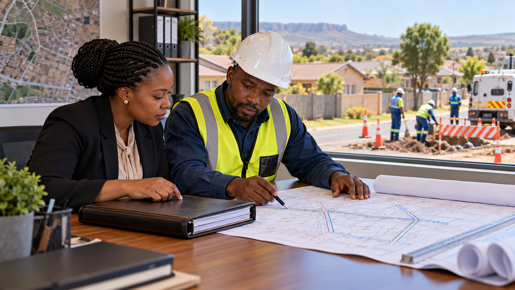 Scène fictive de travail budgétaire municipal et de maintenance des réseaux à Mangaung.