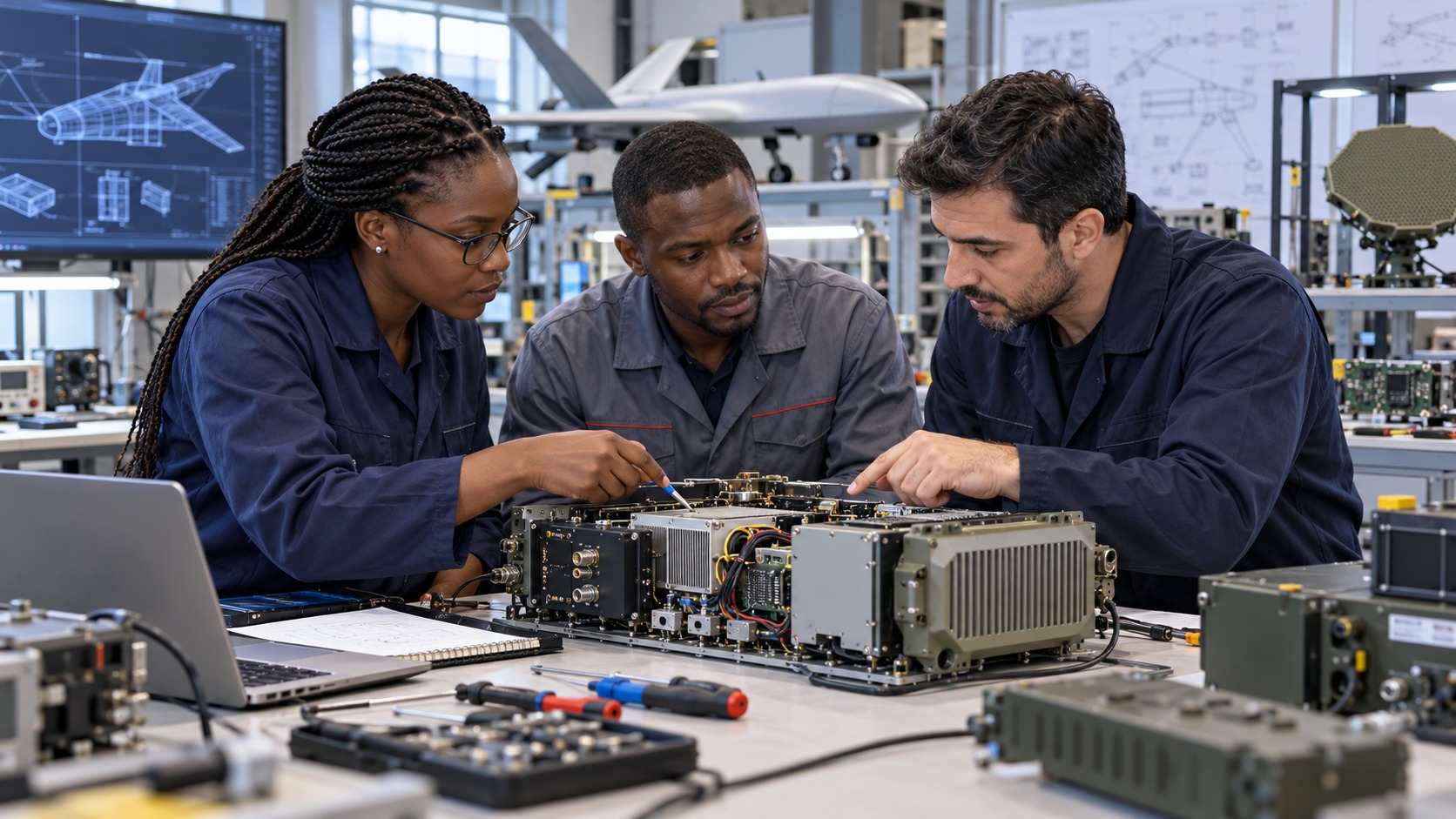 Ingénieure et technicien africains avec un spécialiste turc examinant un équipement de communication dans un atelier fictif.