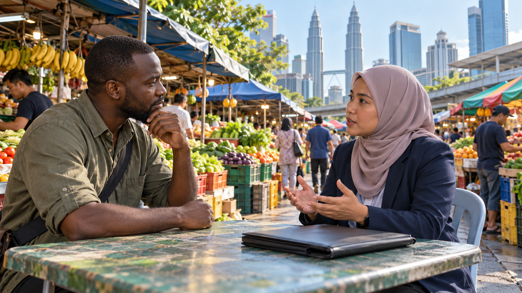 Au bord d’un marché fictif de Kuala Lumpur, un adulte africain discute avec une conseillère malaisienne près d’un dossier fermé.