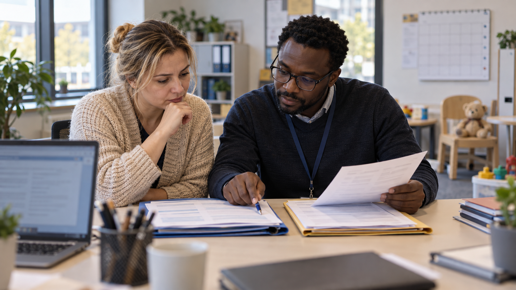 Une adulte ukrainienne fictive et un conseiller africain examinent deux dossiers dans un centre d’accompagnement social allemand.