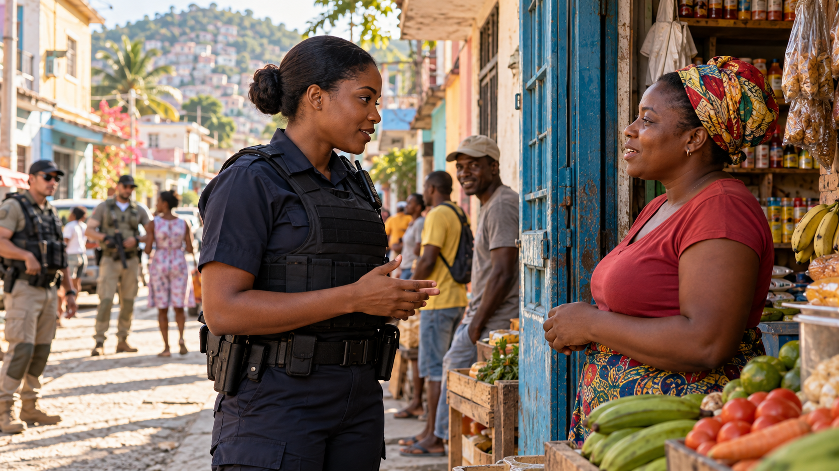Scène fictive en Haïti : une policière échange avec une commerçante devant sa boutique, dans une rue animée par des habitants.