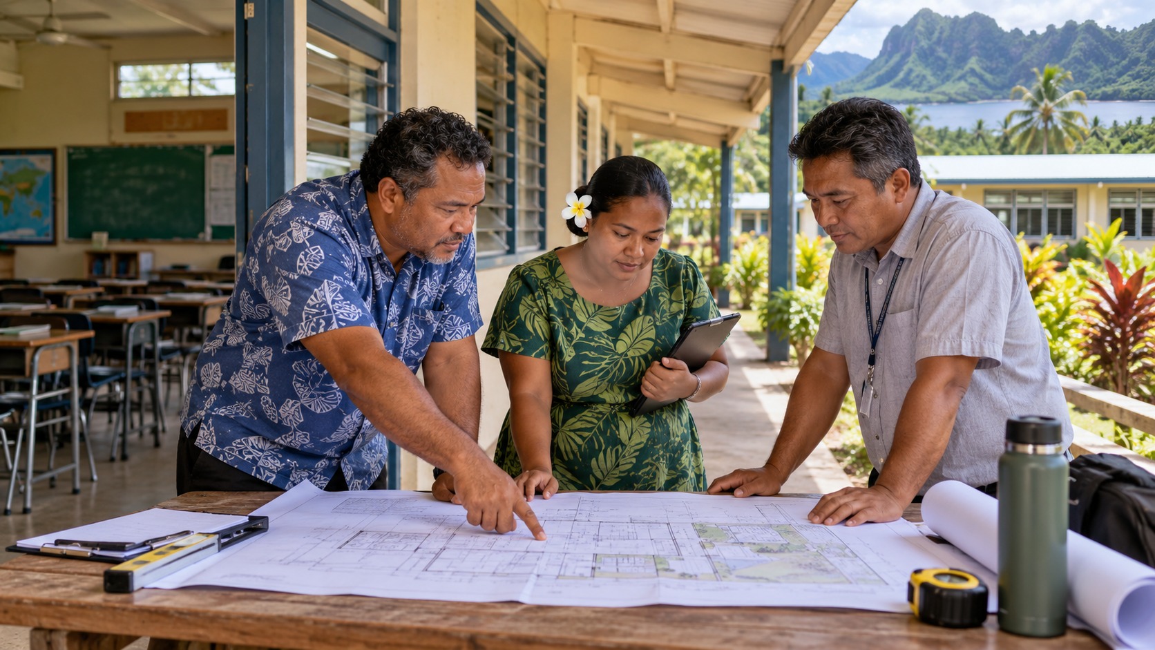 Scène fictive à Kosrae : des enseignants et une technicienne préparent un projet de rénovation scolaire.