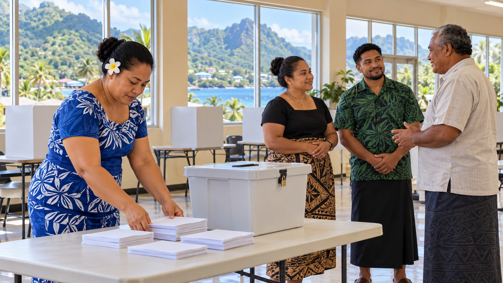 Scène fictive aux Samoa américaines : une agente prépare une urne neutre et des bulletins vierges, tandis que trois habitants échangent.