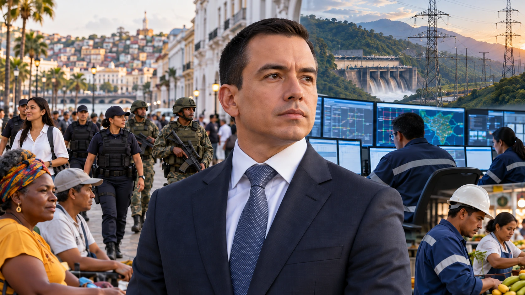 Illustration de synthèse : Daniel Noboa, patrouille police-armée et infrastructures électriques en Équateur.
