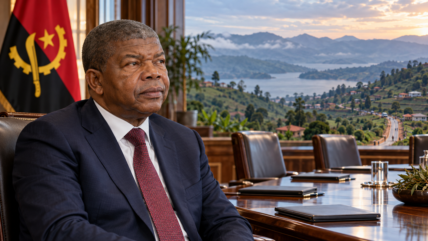 Illustration de synthèse : portrait de João Lourenço associé à une table de négociation et aux collines du Kivu.