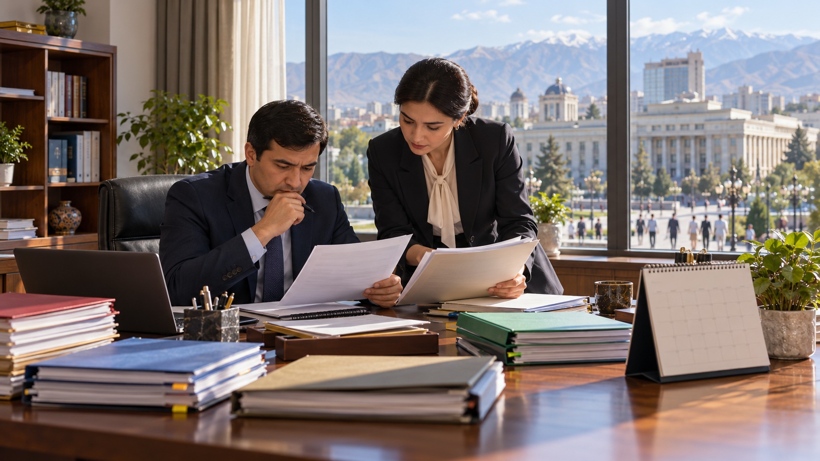 Analystes tadjiks examinant des documents budgétaires dans un bureau fictif.