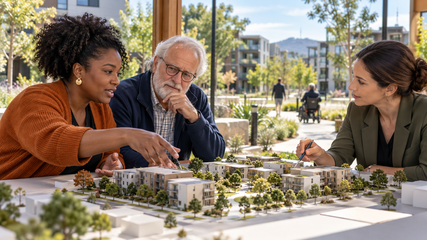 Illustration de synthèse : deux habitants discutent de leurs besoins avec une professionnelle autour d’une maquette de logements fictive.