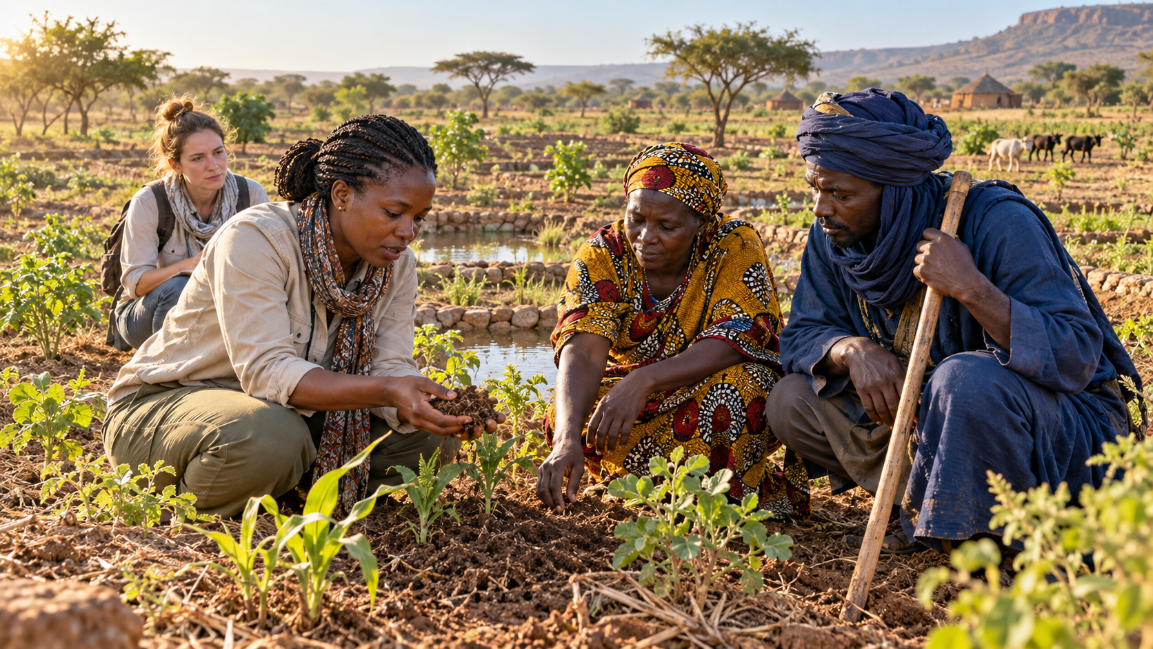 Dans un paysage sahélien fictif, trois professionnels africains examinent des plants et le sol, avec une partenaire technique européenne en retrait.