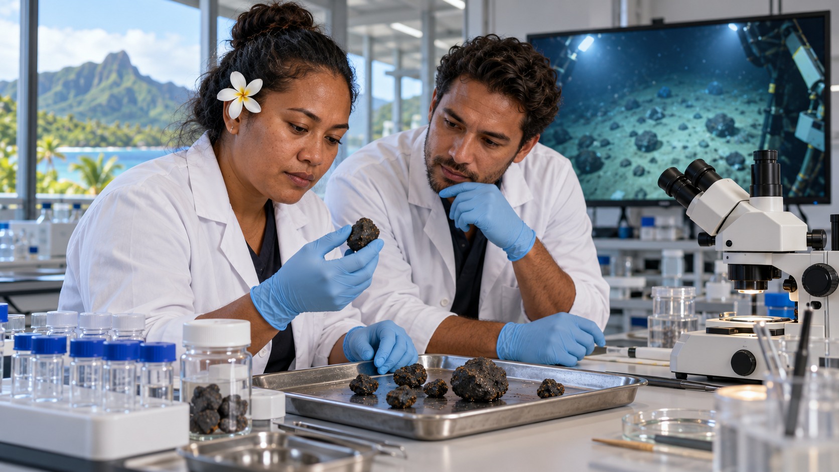 Scène fictive aux Îles Cook : une chercheuse et son collègue étudient des nodules marins dans un laboratoire.