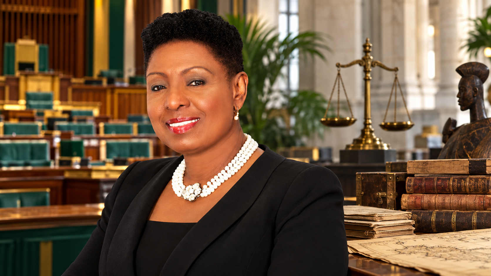 Portrait conceptuel d’Olivia Grange devant une évocation du Parlement jamaïcain, des archives historiques et un espace judiciaire.