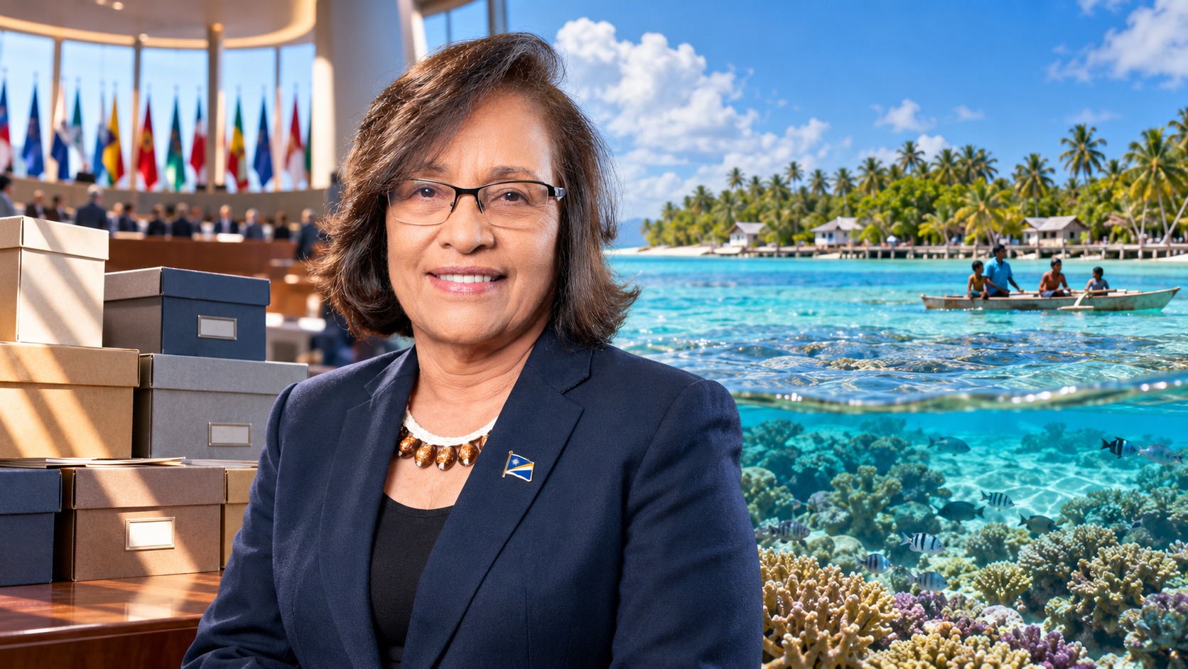 Composition conceptuelle représentant Hilda Heine, les archives des essais nucléaires et un atoll des Îles Marshall.