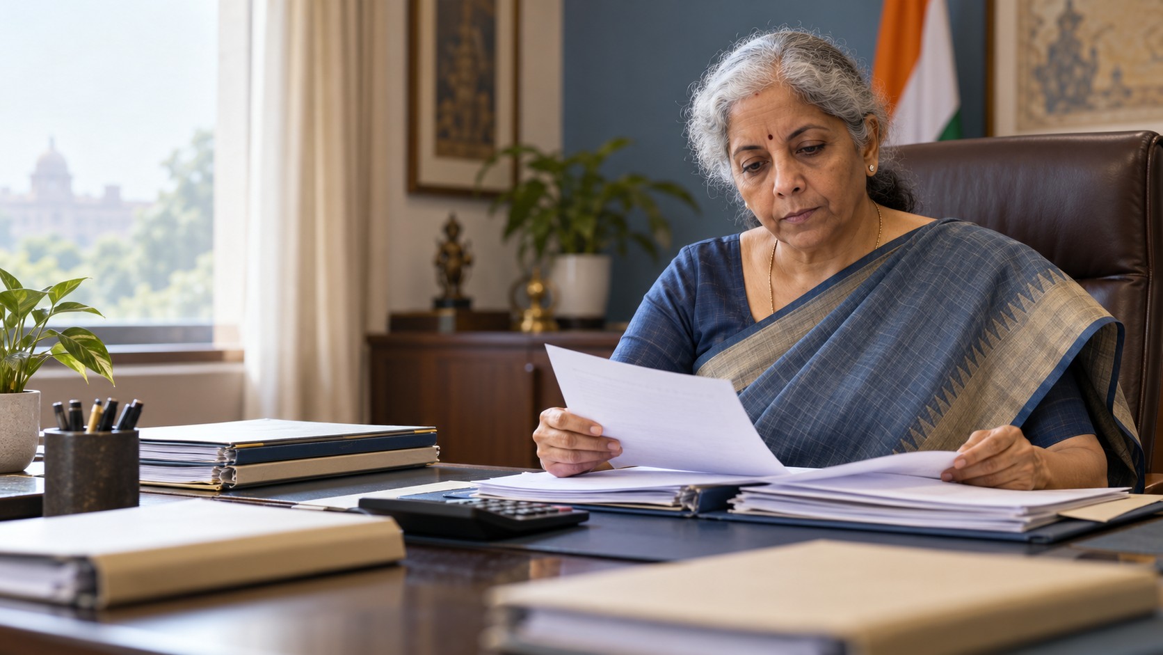 Portrait éditorial de Nirmala Sitharaman examinant des dossiers dans un bureau indien fictif.