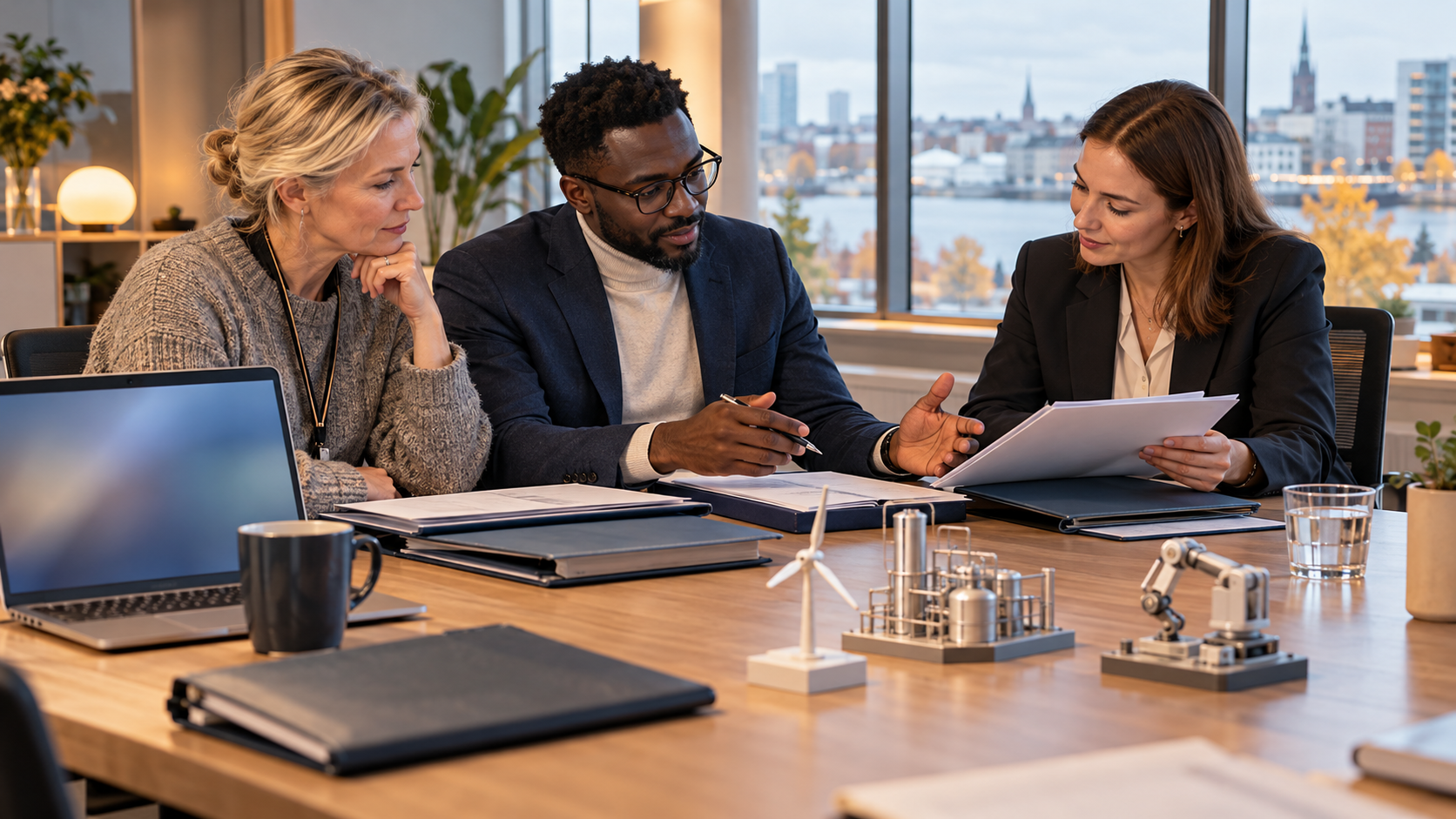 Illustration de synthèse : un ingénieur africain examine des perspectives professionnelles avec une conseillère syndicale et une recruteuse en Finlande.