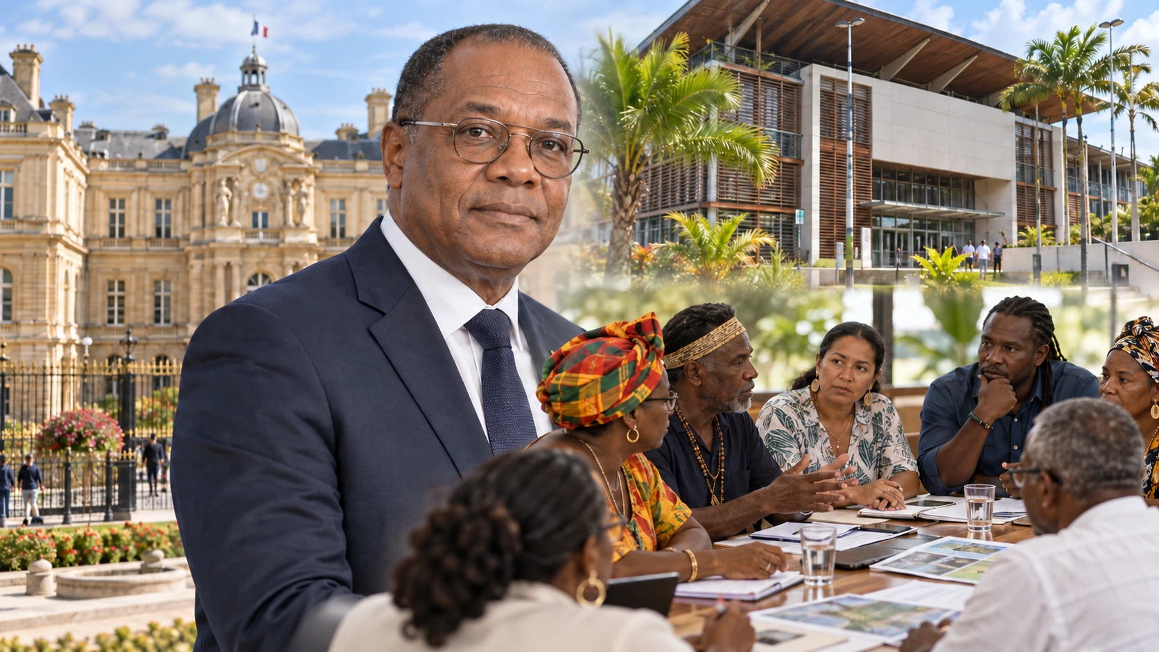 Illustration de synthèse : Dominique Théophile, institutions à Paris et Cayenne et réunion citoyenne guyanaise fictive.