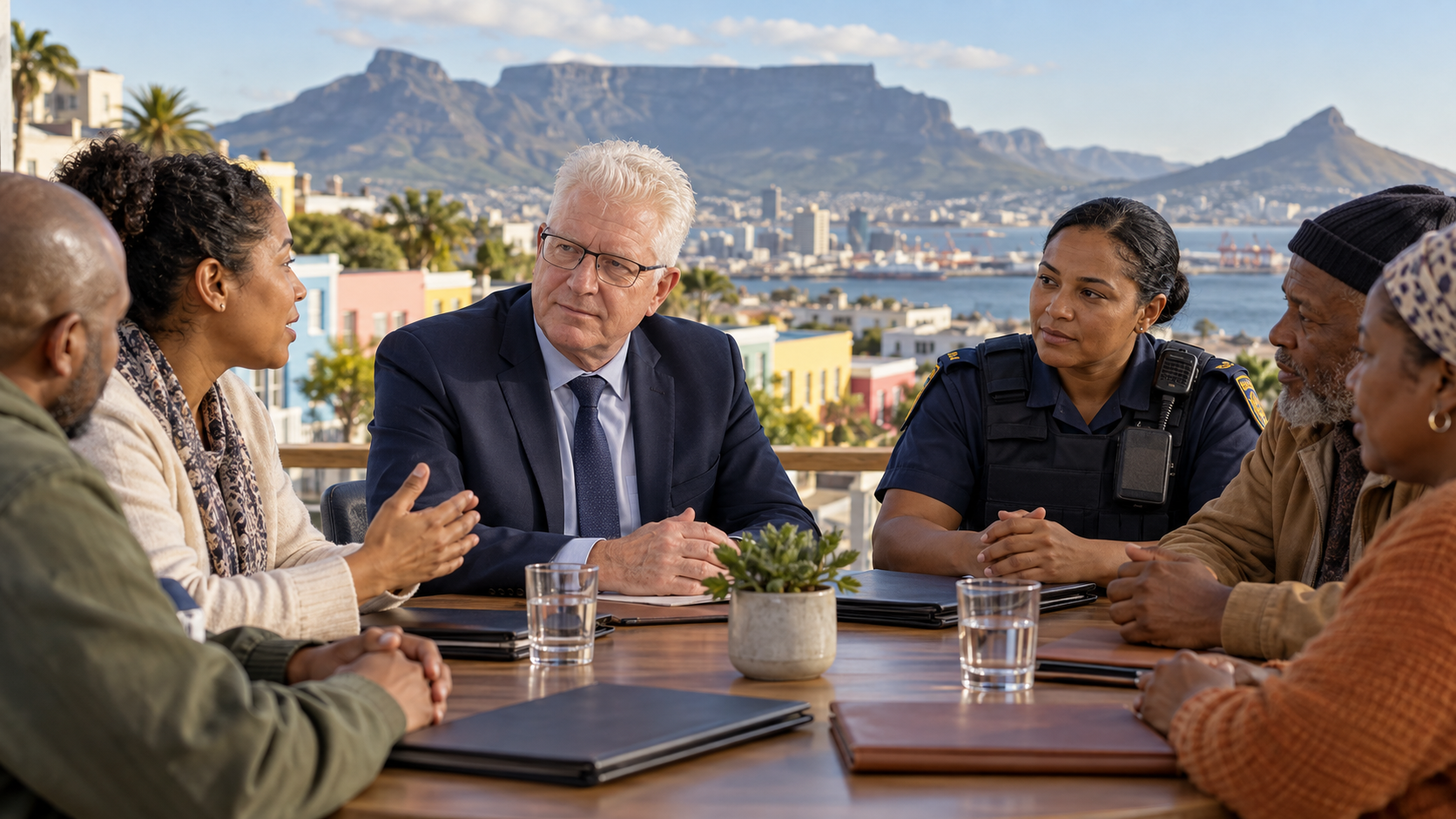 Portrait conceptuel d’Alan Winde associé à une concertation locale sur la sécurité au Cap.