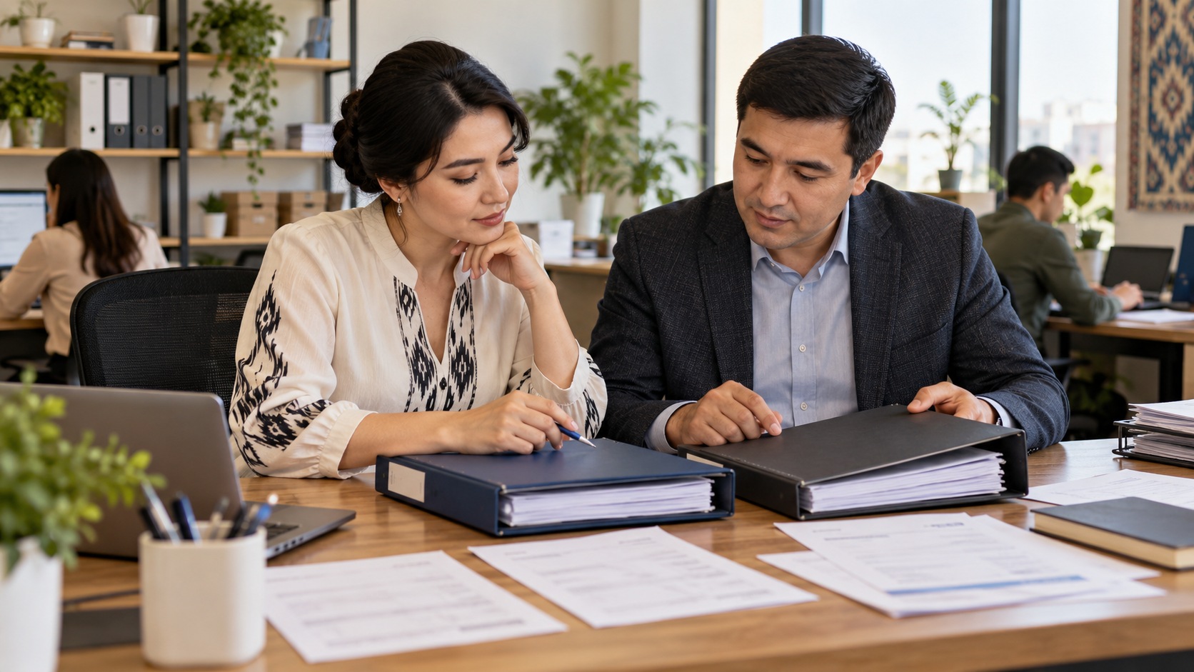 Entrepreneuse ouzbèke et conseiller examinant des dossiers dans un espace professionnel fictif.
