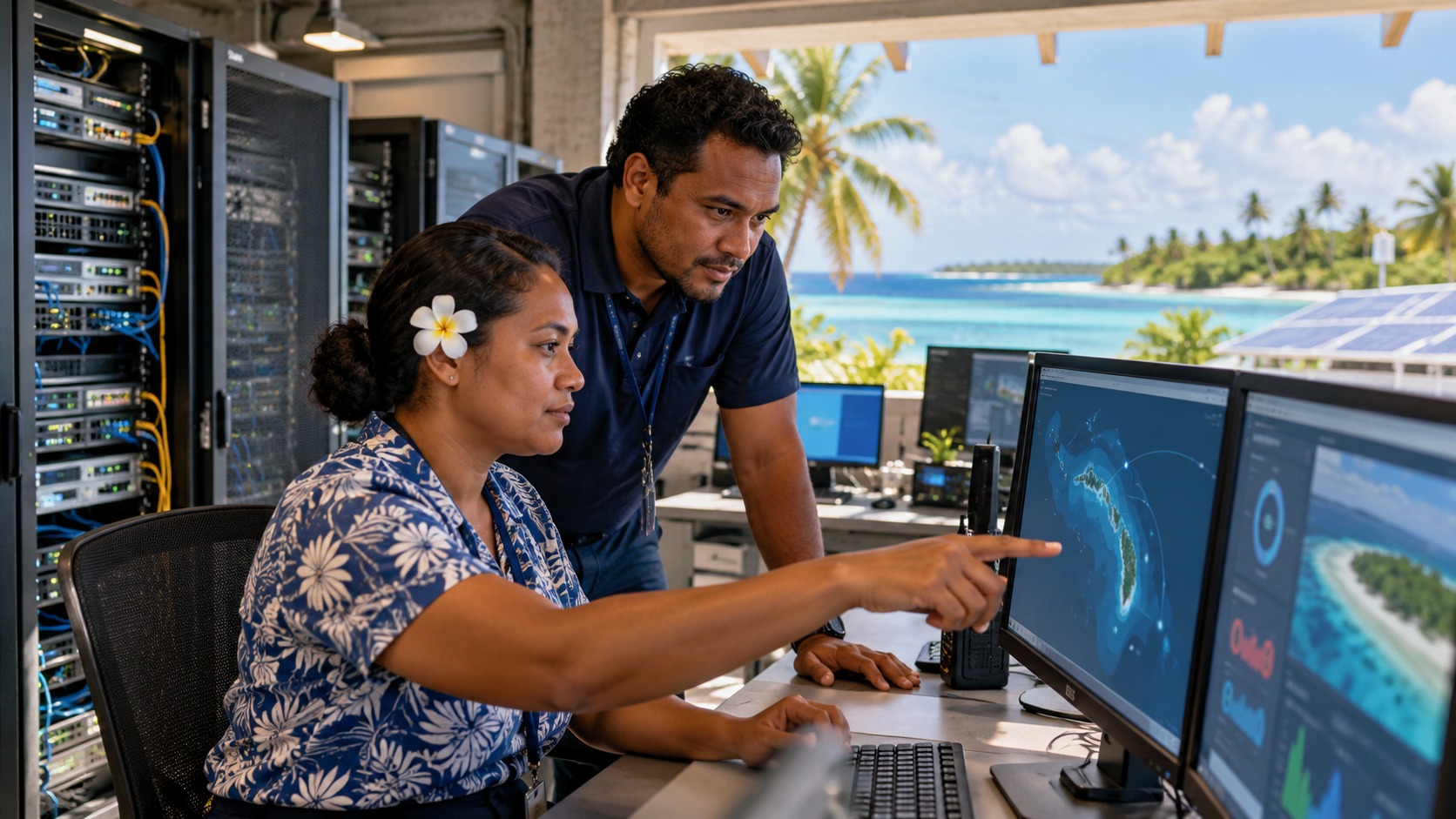 Illustration conceptuelle : deux professionnels fictifs travaillent sur la cybersécurité et les infrastructures numériques de Kiribati.