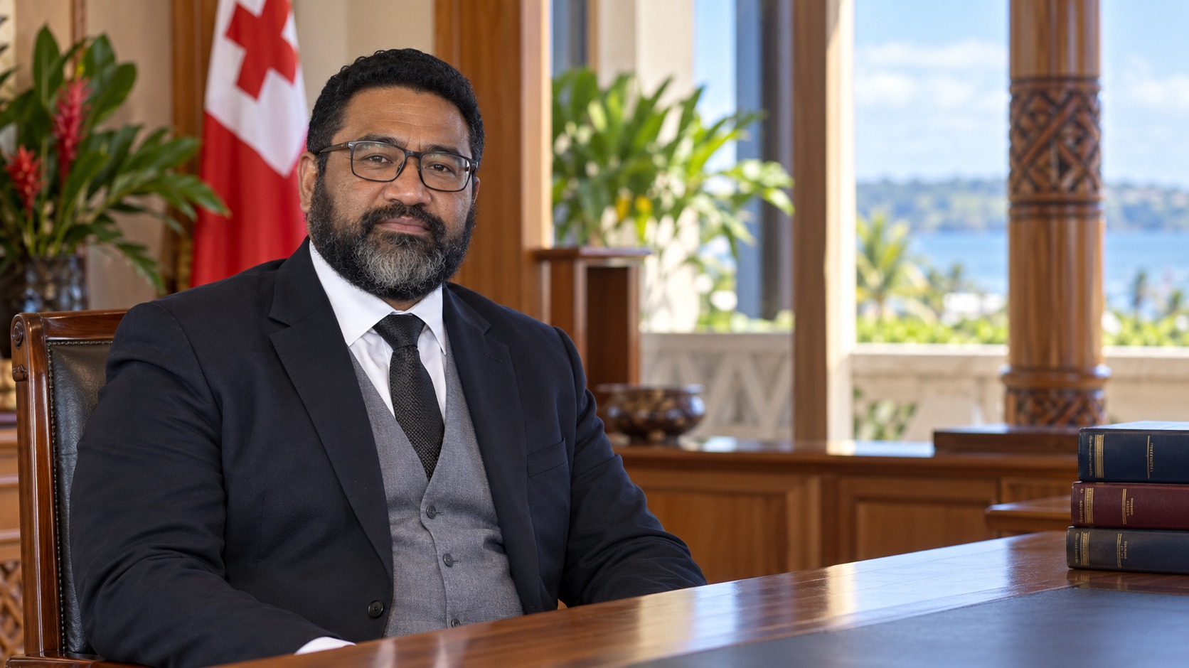 Portrait illustratif de Lord Fakafanua, créé à partir d’une référence officielle, dans un bureau fictif évoquant le gouvernement et le droit tongiens.