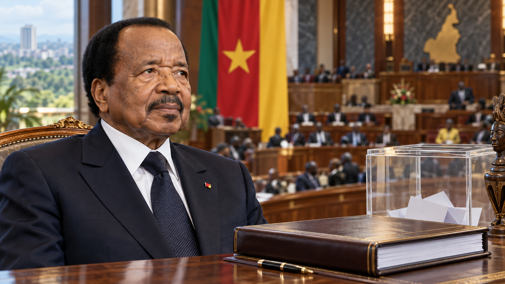 Illustration de synthèse : portrait de Paul Biya associé à un hémicycle parlementaire, un dossier juridique et une urne.