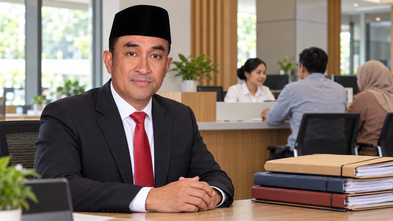 Portrait éditorial de Suyudi Ario Seto en tenue civile, associé à un espace de réception des usagers et à des dossiers fermés.