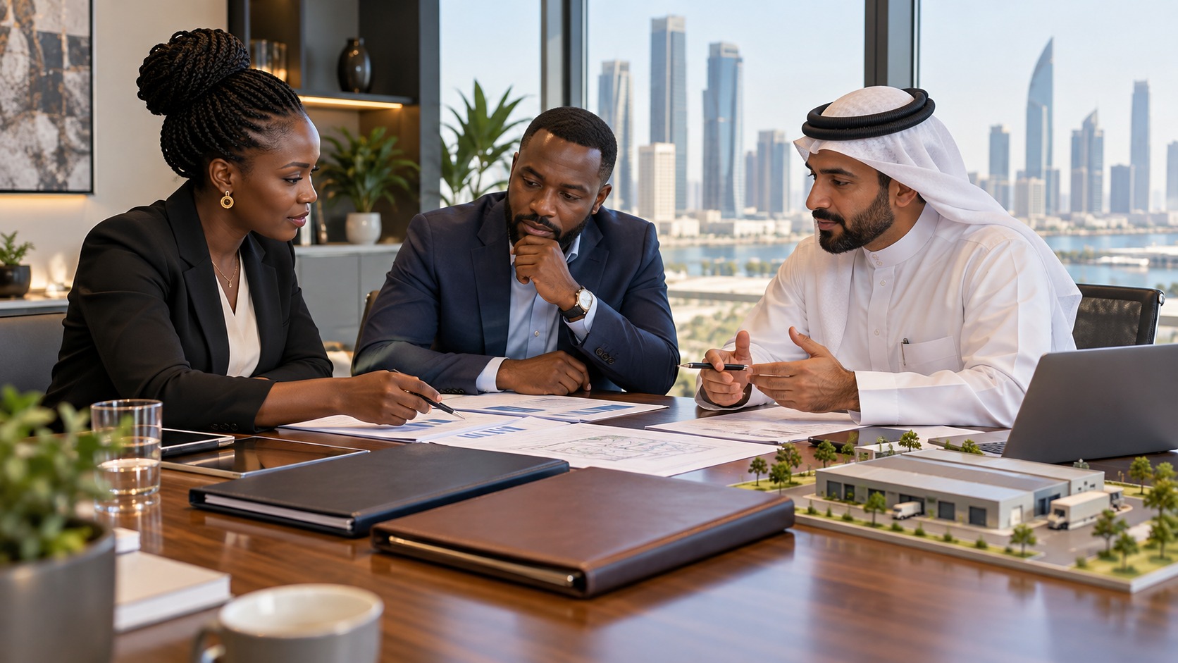 Fiscaliste tanzanienne, entrepreneur africain et conseiller qatari examinant deux dossiers et un projet productif.