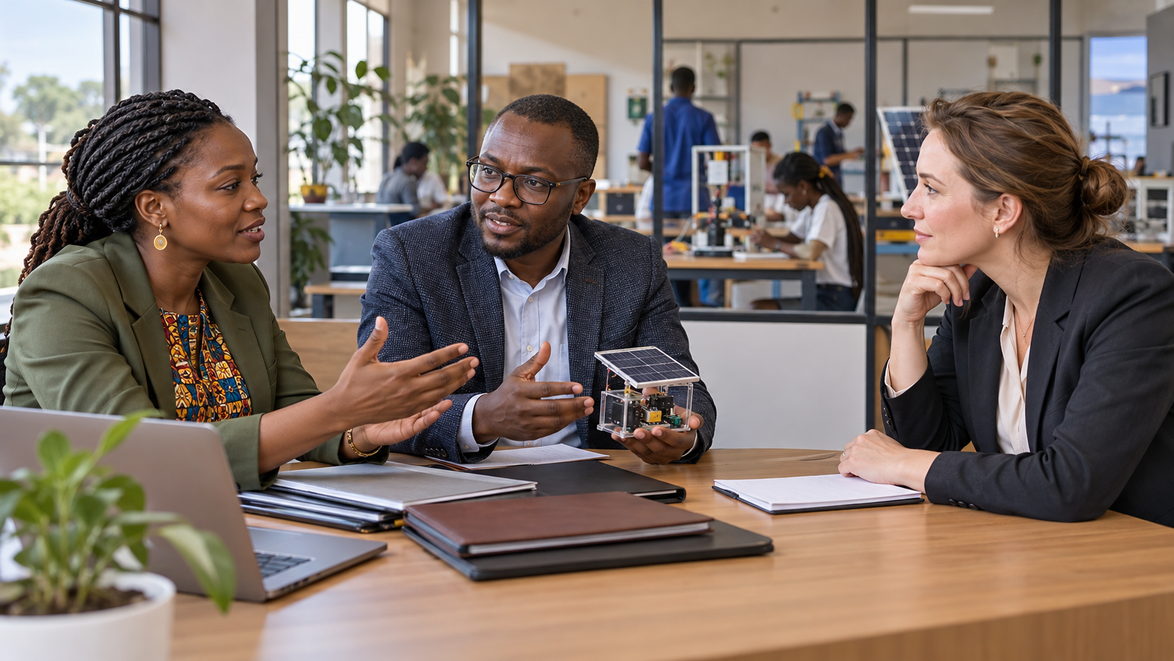 Deux spécialistes africains fictifs présentent un projet de formation à une partenaire suisse autour d’un prototype technique.