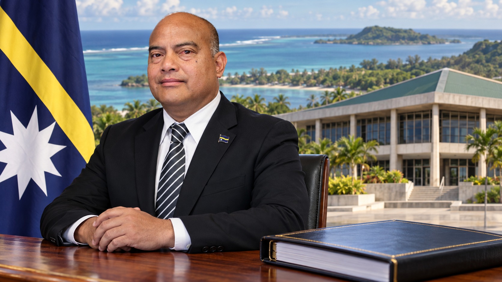 Composition conceptuelle représentant David Adeang, le Parlement de Nauru et un dossier constitutionnel.