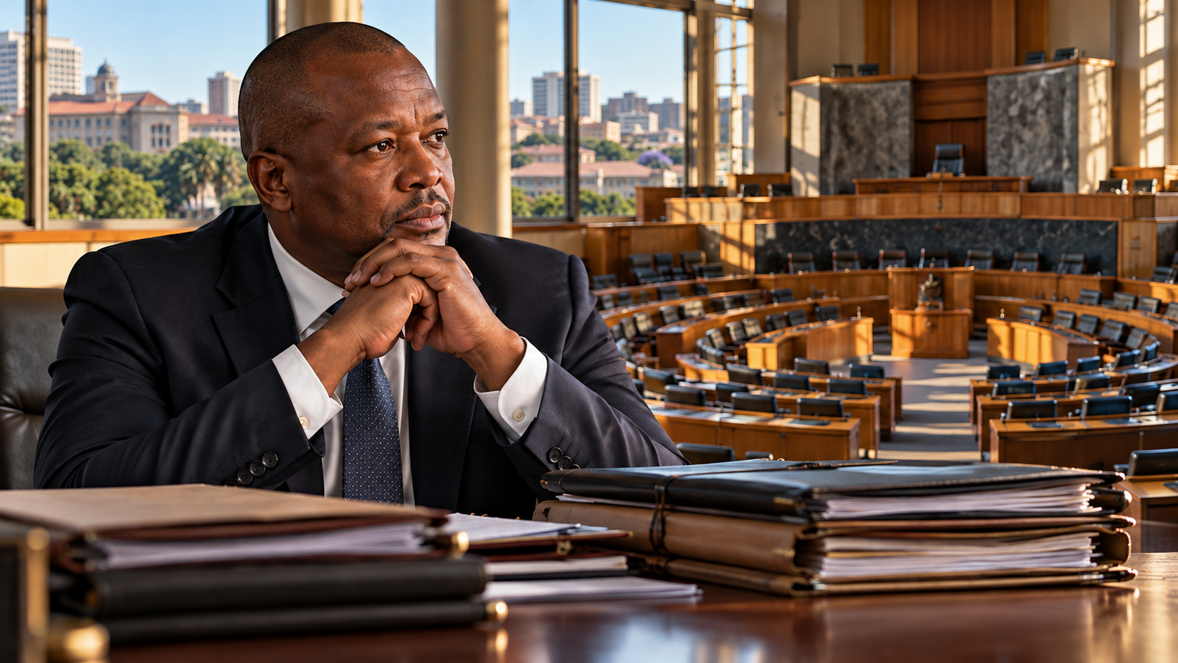 Portrait conceptuel de Thami Ntuli avec un hémicycle provincial vide et des dossiers fermés.