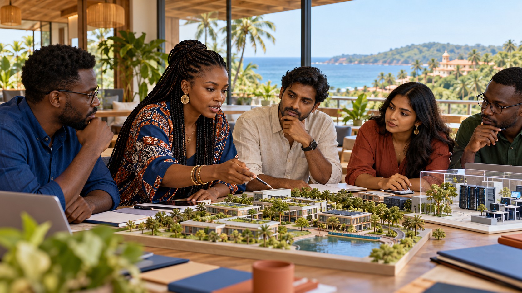 Des entrepreneurs africains et indiens examinent une maquette de campus technologique dans un espace de travail fictif à Goa.