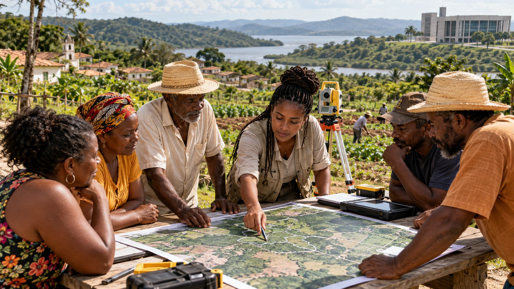 Illustration de synthèse : habitants quilombolas de Bahia et géomètre autour d’une carte cadastrale.