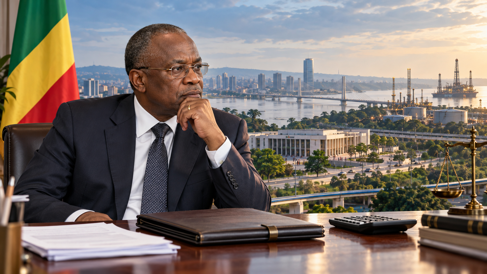 Illustration de synthèse : portrait de Christian Yoka devant un dossier budgétaire, avec Brazzaville en arrière-plan.