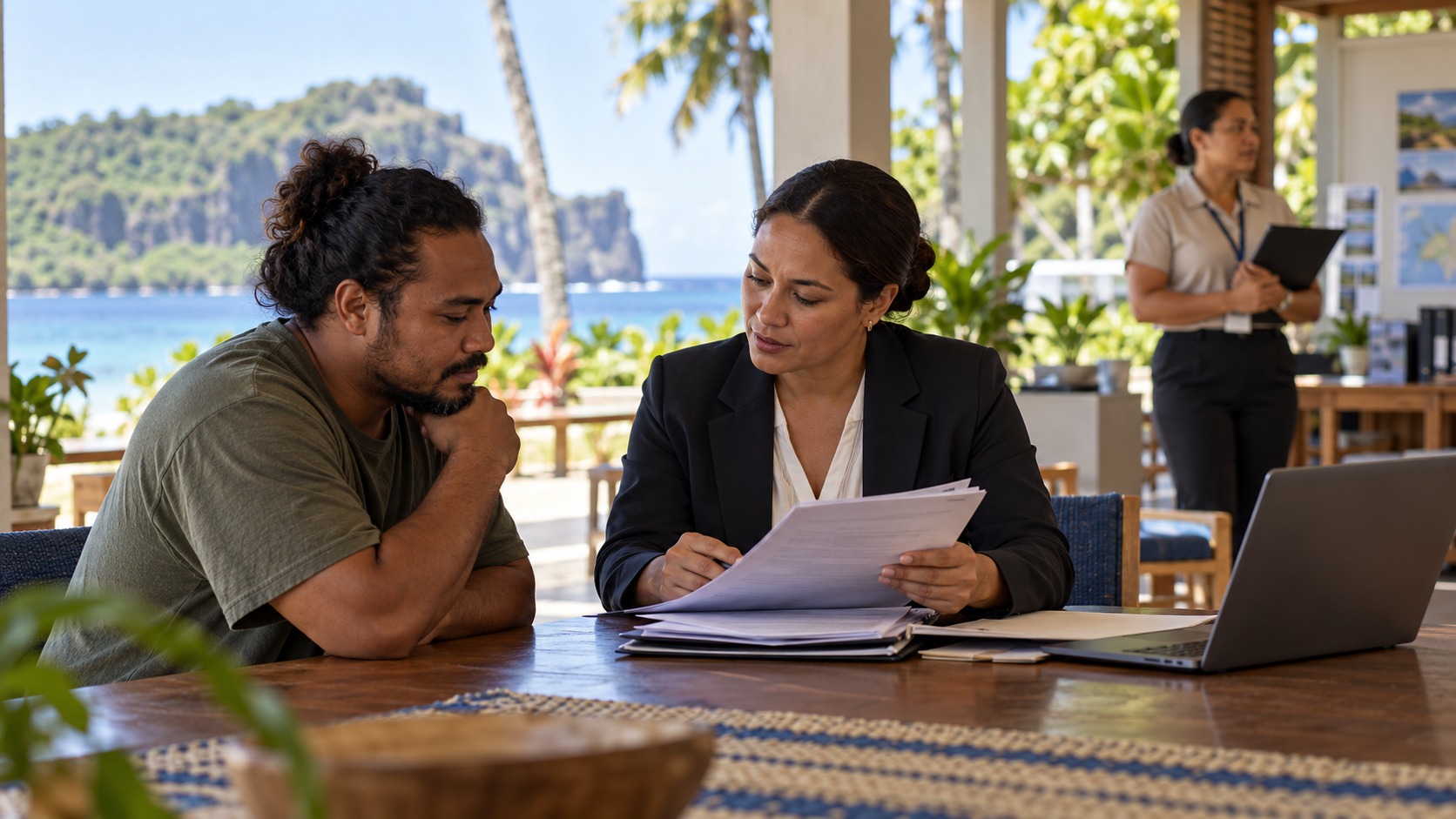 Illustration conceptuelle : consultation juridique et agent administratif fictif à Nauru.