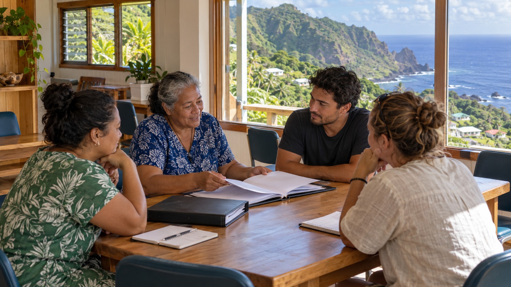 Scène fictive à Pitcairn : quatre adultes discutent de l’installation et de la vie publique dans une salle communautaire donnant sur un relief escarpé.