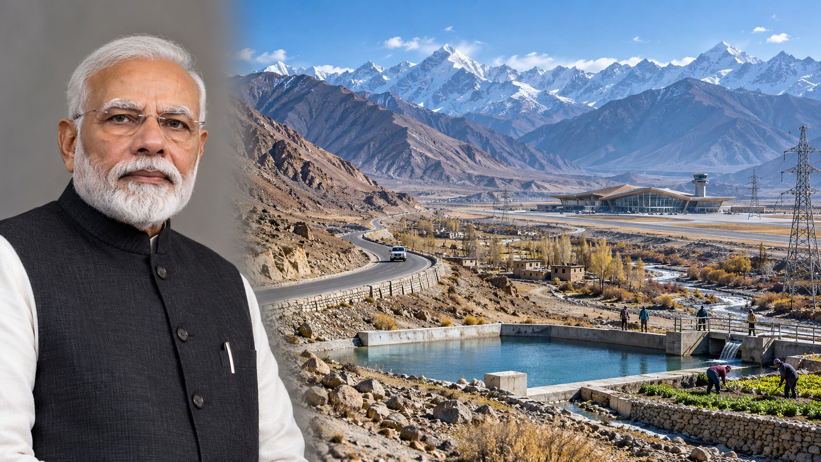 Montage éditorial associant un portrait de Narendra Modi à un paysage conceptuel d’infrastructures au Ladakh.