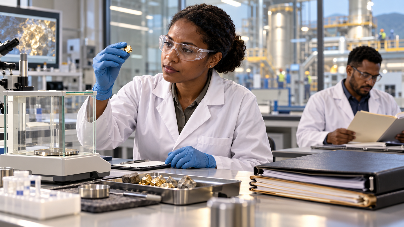 Une professionnelle examine un échantillon dans un laboratoire aurifère fictif de Papouasie-Nouvelle-Guinée.