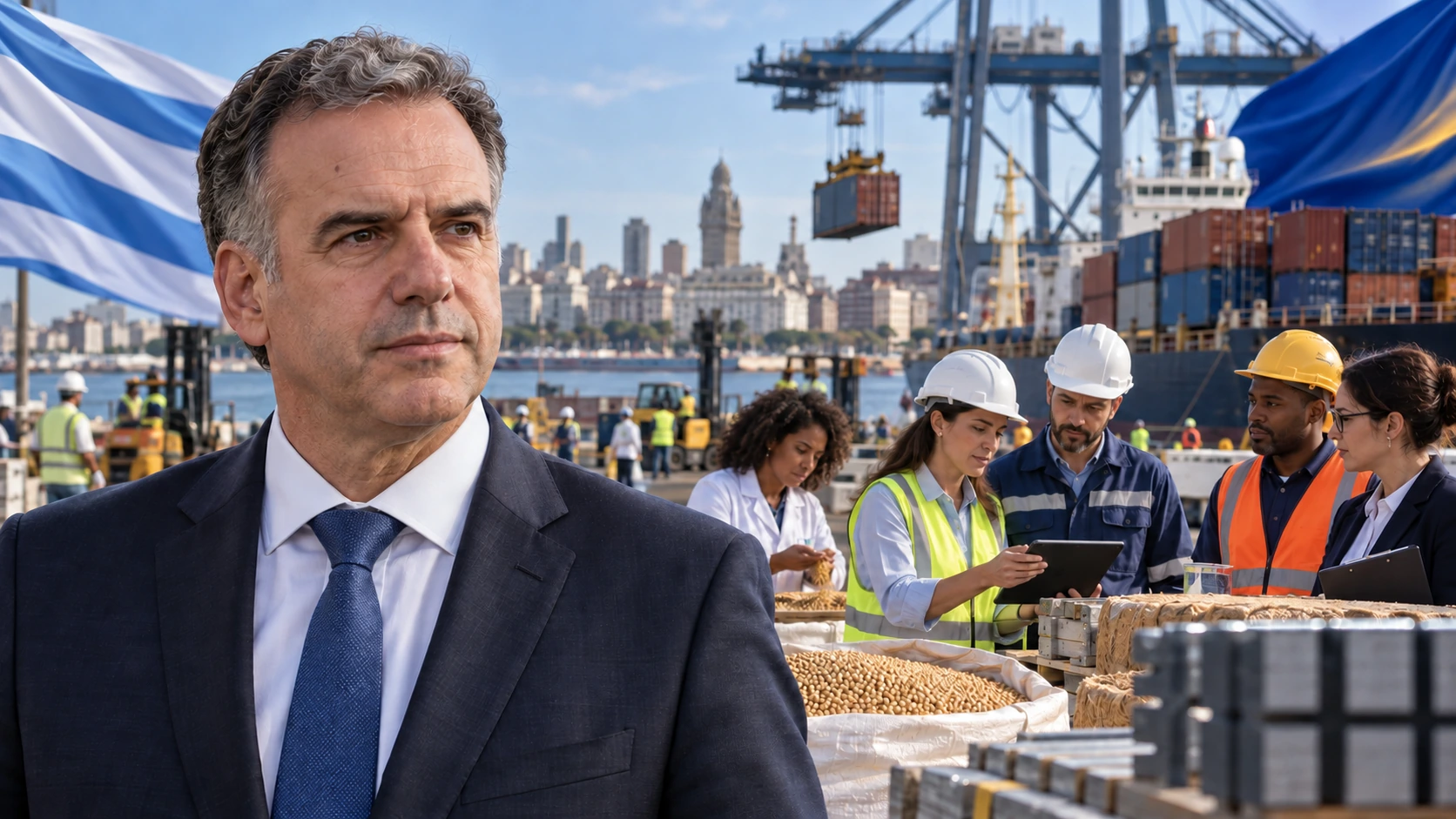 Illustration de synthèse : Yamandú Orsi et professionnels fictifs du commerce extérieur dans le port de Montevideo.