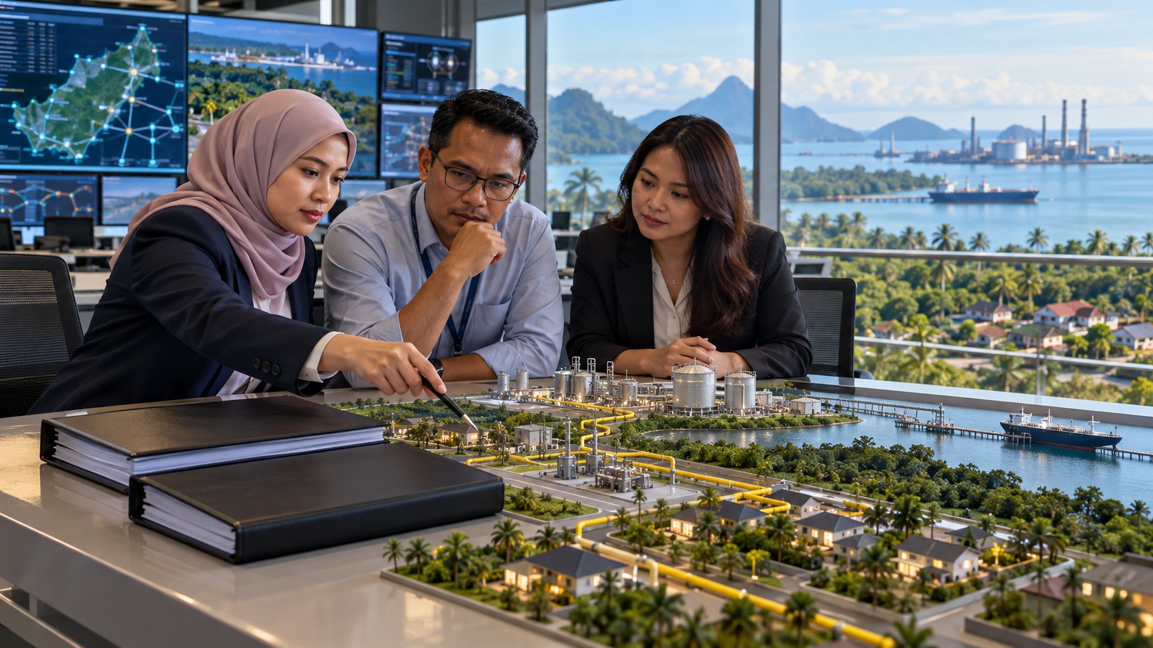 Une ingénieure, un spécialiste des réseaux et une juriste étudient une maquette de distribution gazière dans un centre de supervision au Sarawak.