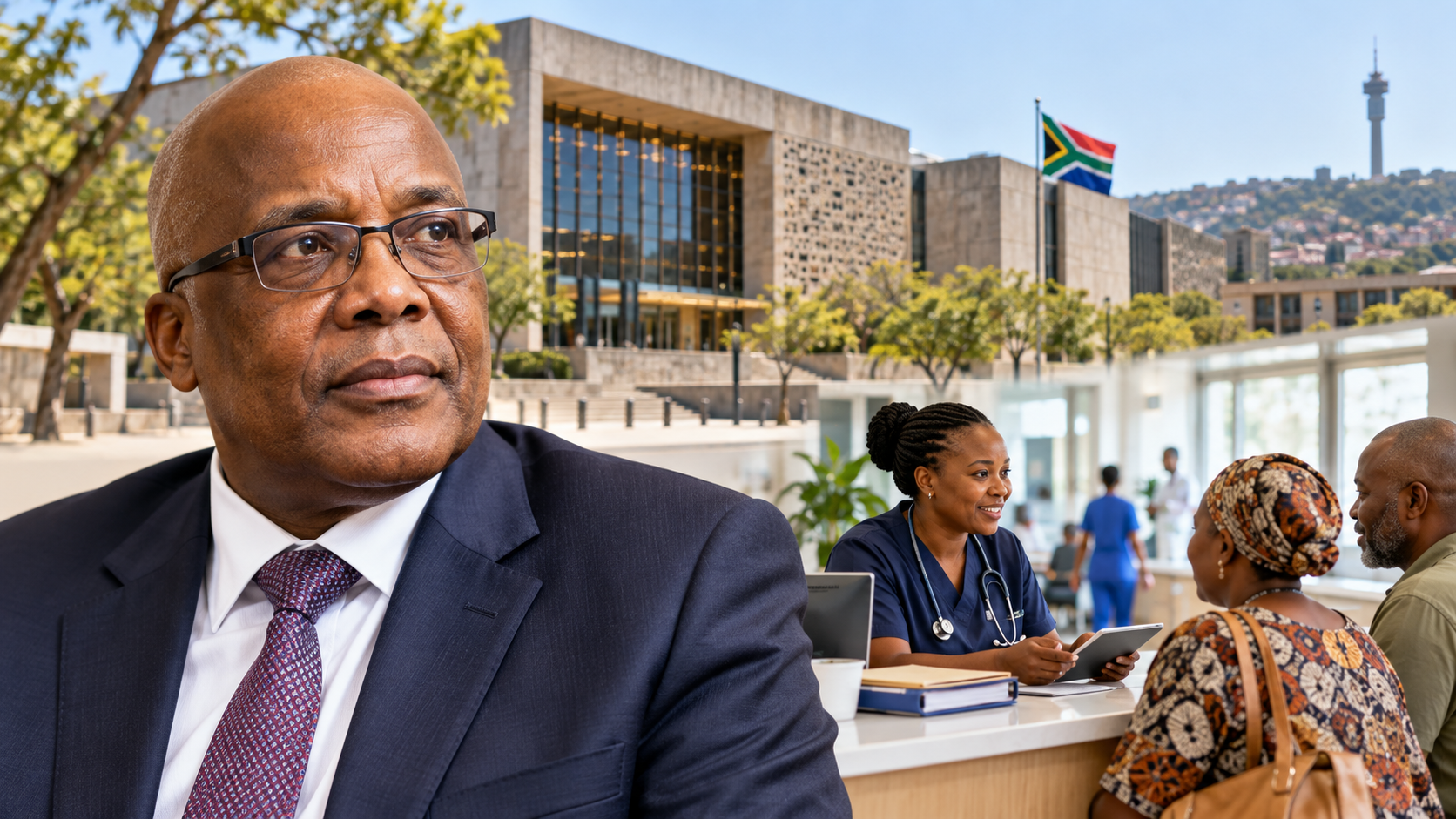 Portrait conceptuel d’Aaron Motsoaledi associé à la Cour constitutionnelle et à un accueil de santé.