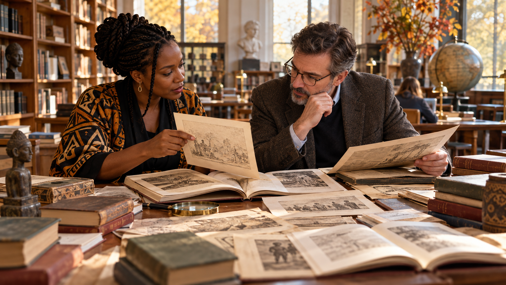 Une historienne africaine et un professeur bulgare étudient des archives dans une bibliothèque pédagogique fictive.