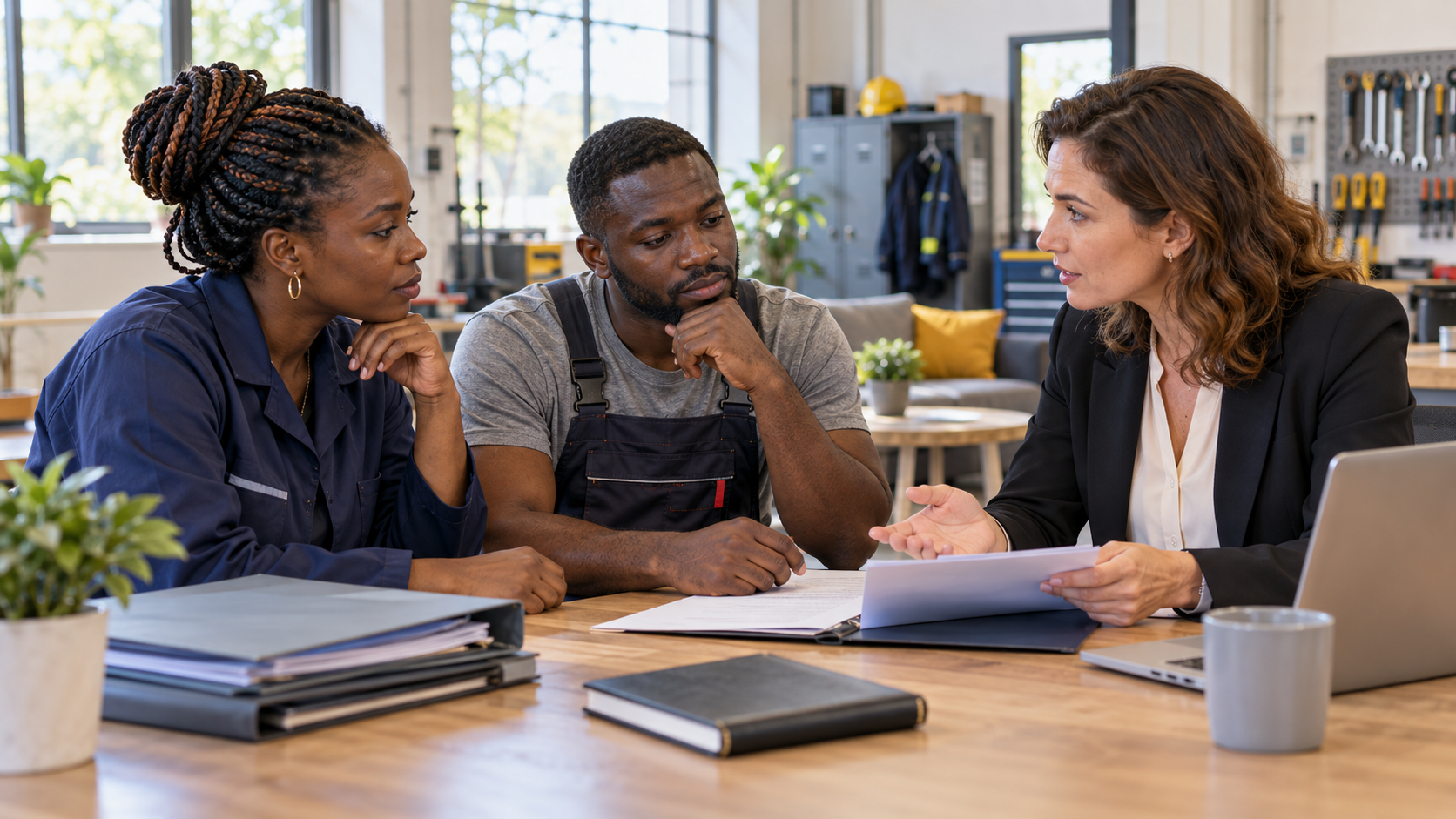Deux professionnels africains fictifs consultent une conseillère en droit du travail dans un atelier français.
