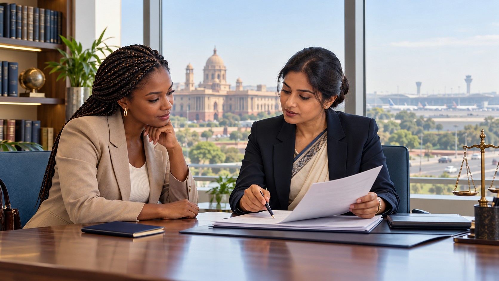 Une voyageuse noire et une juriste indienne examinent un dossier dans un bureau juridique fictif à New Delhi.