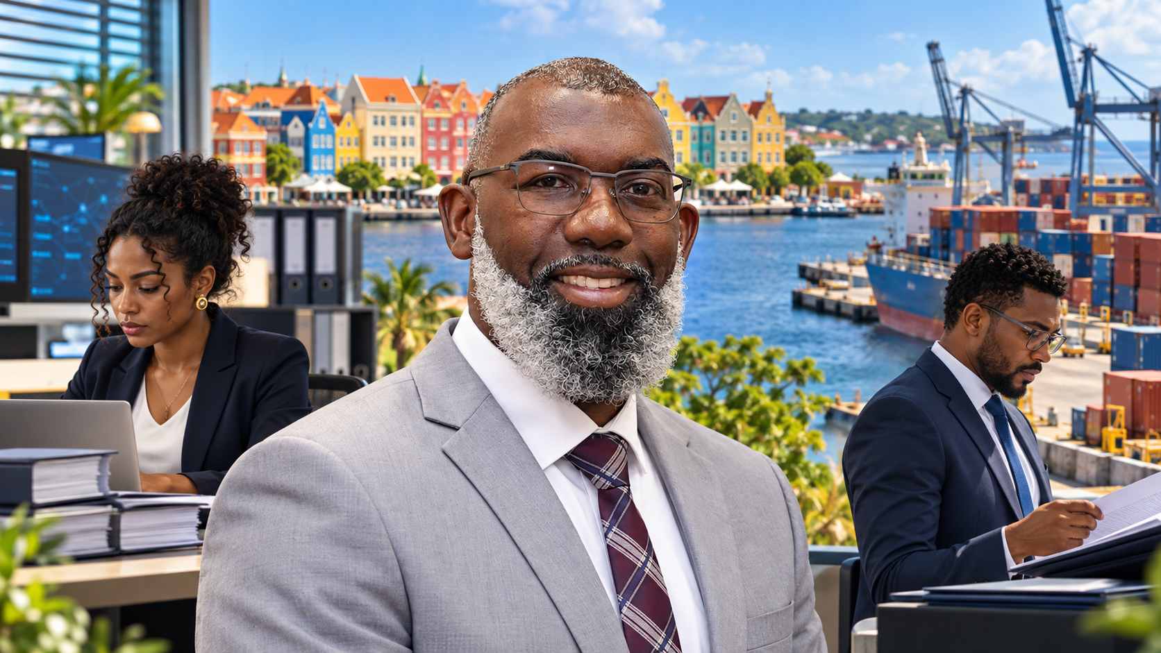 Portrait conceptuel de Gilmar Pisas devant Willemstad, avec un bureau de contrôle financier, un port et deux professionnels au travail.
