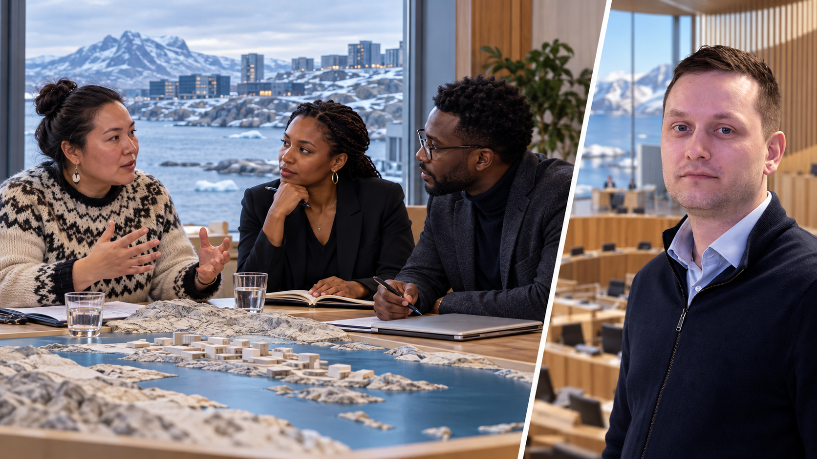 Montage conceptuel associant un portrait de Jens-Frederik Nielsen à une chercheuse inuite, une journaliste noire et un juriste noir fictifs discutant à Nuuk.