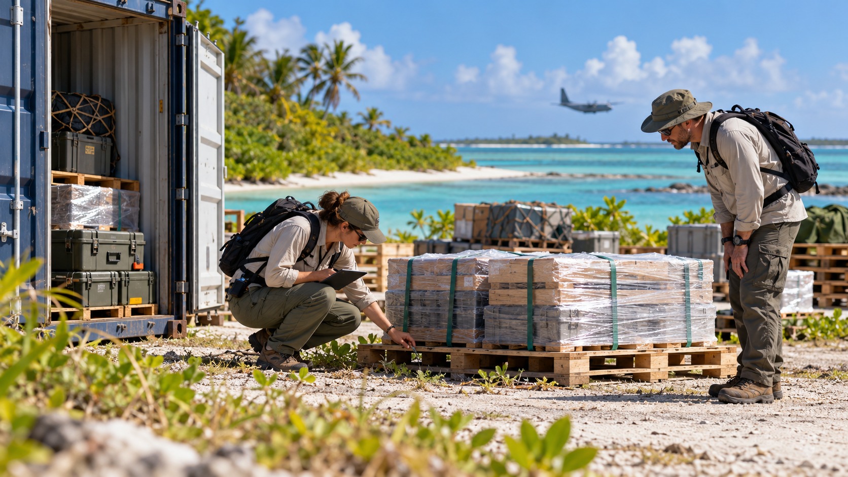 Illustration conceptuelle : deux scientifiques civils fictifs inspectent la biosécurité de conteneurs sur l’atoll de Wake.