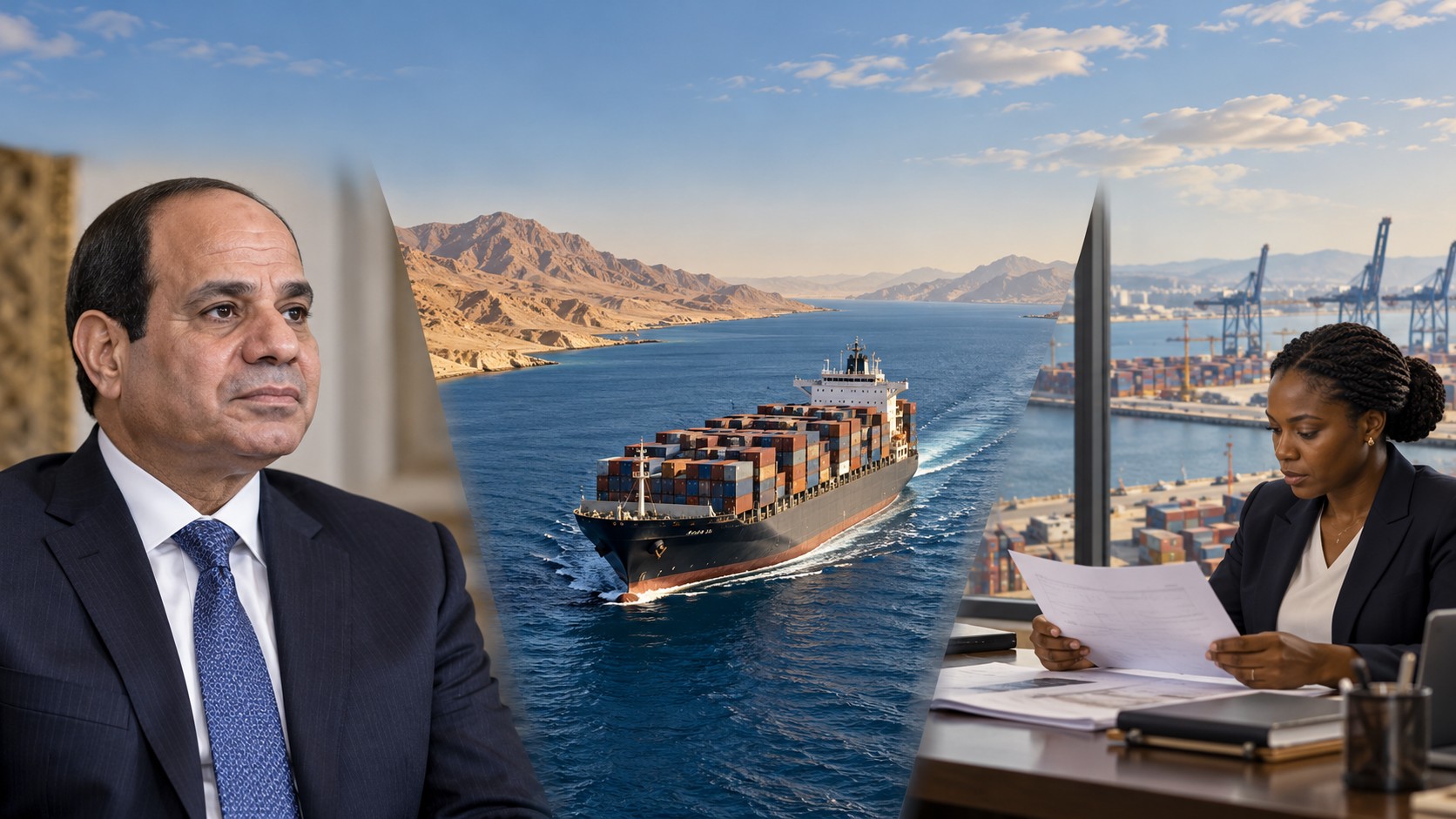 Montage éditorial réunissant un portrait d’Abdel Fattah al-Sissi, un navire marchand et une responsable africaine de la logistique.